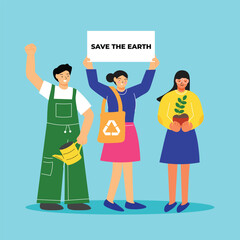 Vector people campaign for world environment day with woman holding save the earth sign