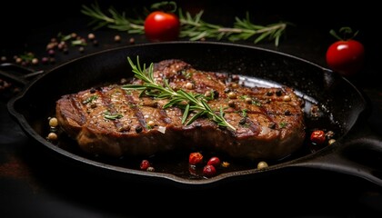 Grilled beef steak with vegetables in a pan on a black background, Grilled beef steak with spices,  Generative AI