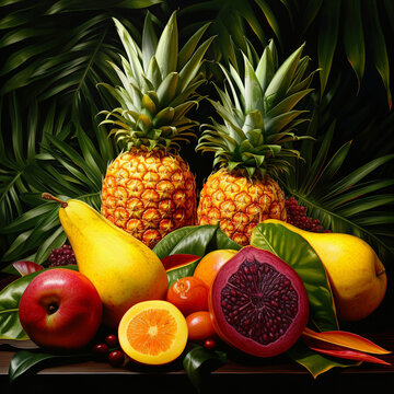 highly detailed illustrations of tropical fruits such as mangoes, pineapples, and passion fruit created with Generative Ai © Andrii Yablonskyi