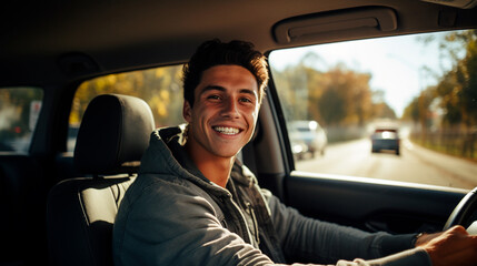 hombre joven sonriendo manejando un vehículo, mirando a la cámara  - obrazy, fototapety, plakaty