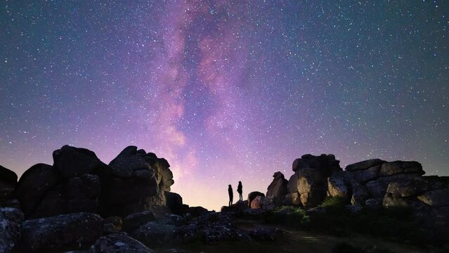 Silhouette of two figures standing in a rocky landscape beneath the Milky Way and clear starry night sky