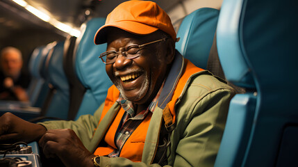 elderly man in a cap and work clothes having fun on the plane