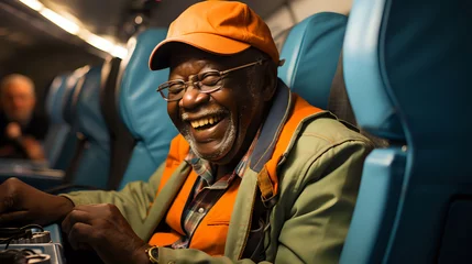 Foto op Plexiglas Oud vliegtuig elderly man in a cap and work clothes having fun on the plane