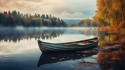 A wooden rowboat moored by the shore of a calm lake. - obrazy, fototapety, plakaty