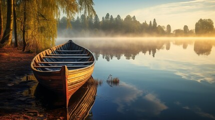 A wooden rowboat moored by the shore of a calm lake. - obrazy, fototapety, plakaty