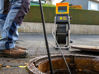 A drain cleaning company checks a blocked drain with a camera before flushing it out - obrazy, fototapety, plakaty