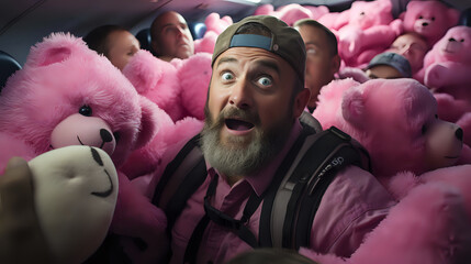 man in airplane cabin with pink teddy bears