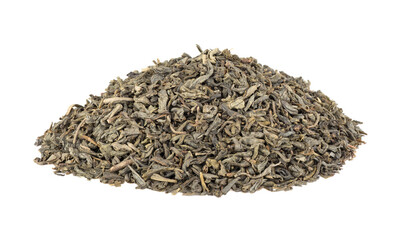 Heap of Chinese green tea on a white background. Full depth of field.