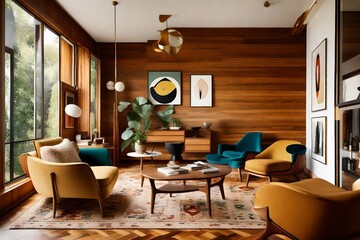 Mid-century modern gem, retro hardwood floors, retro-inspired walls, iconic furniture, vintage textures and colors, timeless and nostalgic vibe, mid-century modern style, Eames and Saarinen