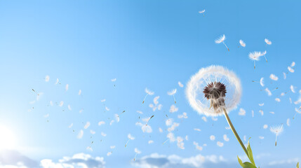 Airborne Seeds Journey, dandelion's seeds adrift in sky, New Beginnings Concept Art, Generative AI
