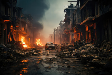 Post-apocalyptic scene of a devastated city street with fires, abandoned car, and ruined buildings under a dramatic sky. - obrazy, fototapety, plakaty