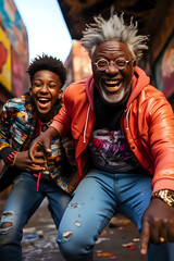 black grandfather and grandson having fun on vacation together, happy grandfather and grandson spending time together in bright fashionable clothes