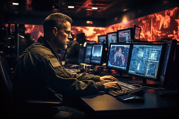 A focused military officer working in a high-tech surveillance control room with multiple screens displaying strategic data. - obrazy, fototapety, plakaty
