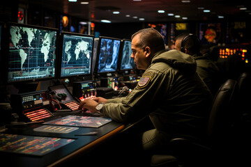 Military officers monitoring screens in a high-tech global surveillance command center.