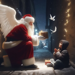 On Christmas night, Santa gives presents to a homeless street child on the street