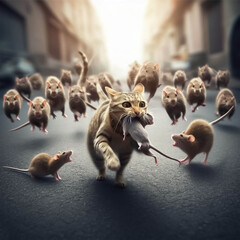 Behind a cat chases a herd of rats