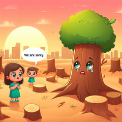 Two little children beg for forgiveness from the last tree in the world