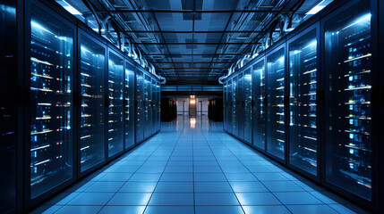 Obraz premium Server room data center. Backup, mining, hosting, mainframe and computer rack with storage information. 3d render