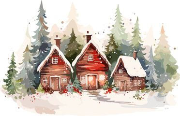 Christmas card template with watercolor winter house with a snow cap, Christmas house, Winter houses landscape vector illustration