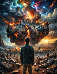 a man standing in front of a huge explosion of rocks and debris in a movie poster style poster art, the concept of the apocalypse and the spiritual fall of man © Дмитрий Сапегин
