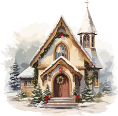 Watercolor vector illustration with winter chalet and deer. Snowy fir forest, isolated on white background. Winter woodland with pine trees. Perfect for Christmas card, poster or print design