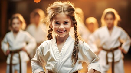Group of girls about 7-12 years old or teens in white karate kimono in a gym - obrazy, fototapety, plakaty