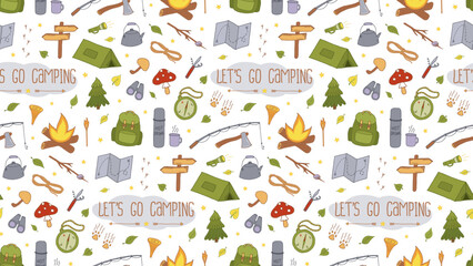 Vector Camping Seamless Pattern. Backpacking and Hiking Colorful Doodle Background. Local Tourism