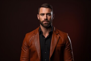 Obraz premium Portrait of a glad man in his 30s sporting a stylish leather blazer against a solid color backdrop. AI Generation