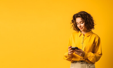 Obraz premium Chica agarrando móvil en la mano sobre fondo amarillo. Banner. Espacio para Copy. Chica moderna. Aesthetic. Generado con IA. 