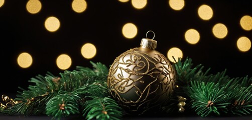 Green Christmas decoration ball with fir tree branch against black background with golden bokeh