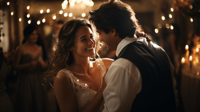 Hochzeitspaar in einem unvergesslichen Moment der Feier ihrer Liebe / bride and groom at night dancing