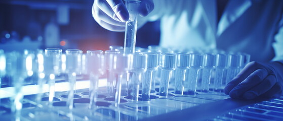 Closeup of lab technician holding test tube for analysis, containing a precision sample, representing advanced biotechnology research. Pharmaceutical machine working. Generative ai