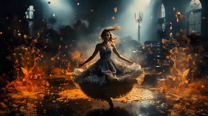 ballerina in a long tutu against the backdrop of a post-apocalyptic burning world