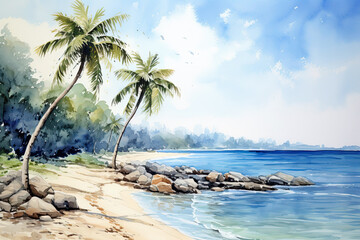 Beach with palm trees and sea