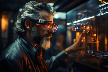a man is working on a high-tech innovative project wearing augmented reality glasses, the technology of the future is close