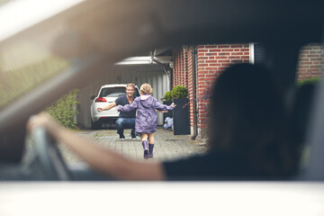 Man, daughter and running outdoor for hug with happiness or excited in driveway for weekend visit. Family, father and girl kid with care, relationship and bonding at home, house or apartment or smile - obrazy, fototapety, plakaty