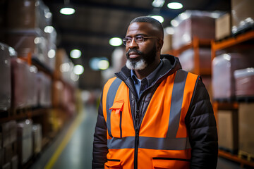 a man in an orange and black jacket against the background of a logistics warehouse with a bunch of packed boxes blurred background