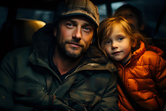 father and daughter take pictures inside the bus, father and daughter travel by bus together in warm clothes