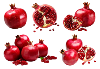 Red pomegranates pomegranate, many angles and view side top front sliced halved bunch cut isolated on transparent background cutout, PNG file. Mockup template for artwork graphic design

