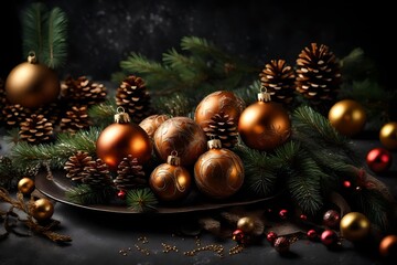 Beautiful table setting with Christmas balls, cones and fir branches on dark background