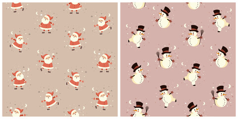 Winter Holidays Seamless Vector Pattern with Cute Snowman and  Happy Santa Claus isolated on a Beige and Dusty Pink Background. Simple Hand Drawn Repeatable Christmas Print ideal for Fabric. Rgb.