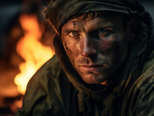 Fototapeta premium A soldier's intense gaze captured as the warm campfire glow illuminates his face in darkness.