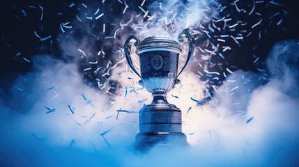 silver trophy in the center lit by a spotlight, blue and white smoke with confetti in the background, moment festif in cloud of smoke - Powered by Adobe