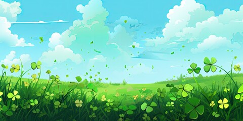 Field of Luck - Vector Illustration with Scattered Four Leaf Clovers - Nature's Abundance on Digital Ground