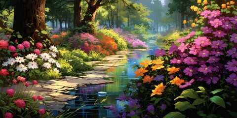 Fototapeta na wymiar Enchanted Garden - Lush Greenery and Colorful Blooms - Nature's Canvas in Full Bloom