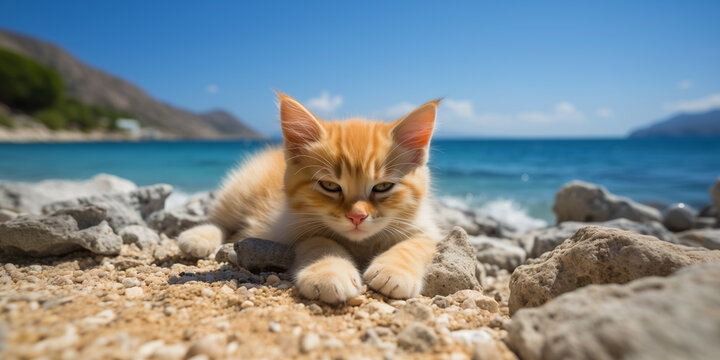 Cute cat resting on a sandy beach near the sea and basking in the sun