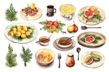 Fototapeta na wymiar Healthy isolated food meal breakfast collection kitchen set menu illustration lunch