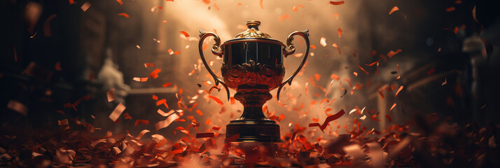 gold trophy in sports panoramic banner, dark atmosphere with orange backlight and red confetti   