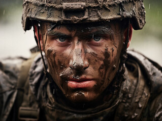 Fototapeta premium A determined soldier with a mud-covered face, displaying exhaustion and unwavering resolve.