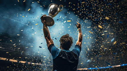 Triumphant Champion Holds Silver Trophy Aloft in Front of Enthusiastic Crowd, in a crazy stadium at night with confetti and smoke, athlete from behind holds a cup - obrazy, fototapety, plakaty